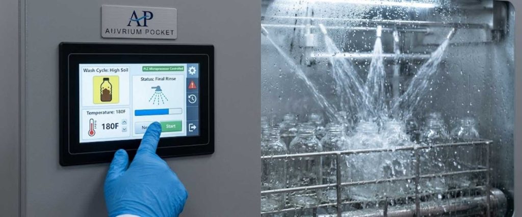 Vivarium Worker in blue glove presses touchscreen control panel beside glass chamber with water spraying inside