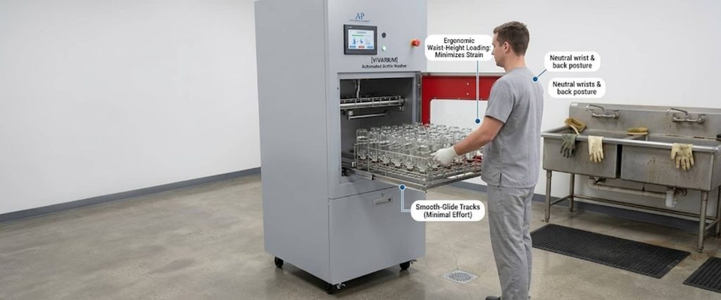 Vivarium automated bottle washer with a worker loading glassware in an ergonomic lab cleaning station