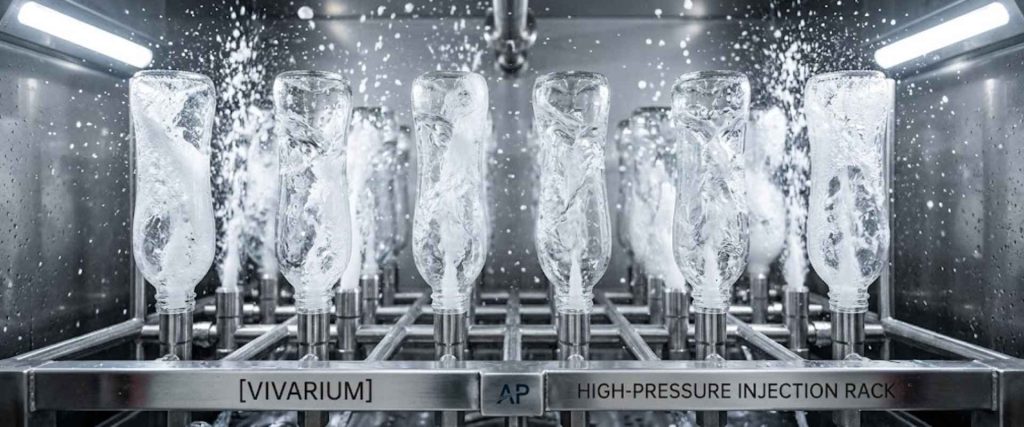 Vivarium industrial high-pressure injection rack with frozen glass molds and water spray inside a stainless chamber