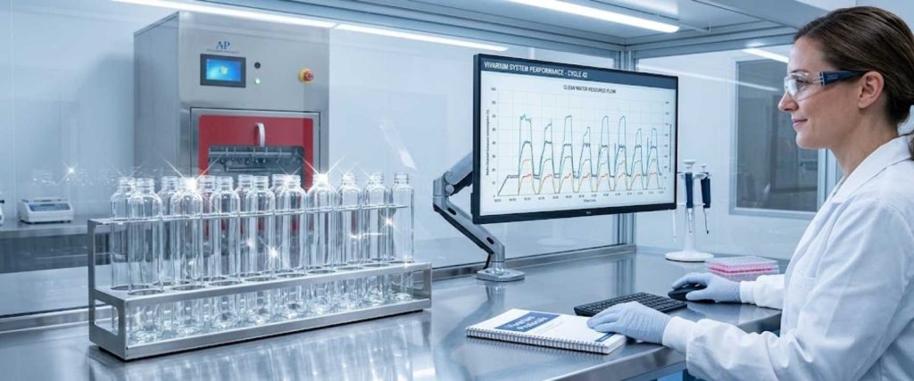 Vivarium scientist in a sterile lab monitors data on a screen beside rows of clear glass bottles and equipment