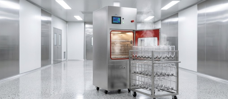 Vivarium stainless steel lab chamber in a clean room with a glassware cart and illuminated control panel