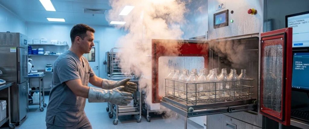 Vivarium technician sterilizes glass bottles in a steam autoclave inside a clean laboratory vivarium room