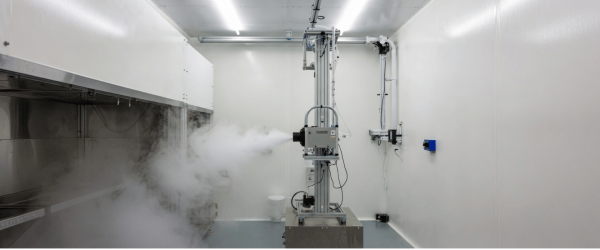 Cleanroom Fogger dispersing mist inside a sterile cleanroom for contamination control and airflow testing in lab environments