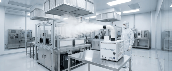 Cleanroom Fogger in sterile cleanroom with technician disinfecting equipment using fogging machine for contamination control.