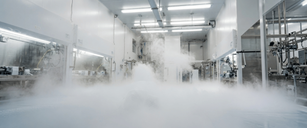 Cleanroom Fogger test in a sterile manufacturing facility, spreading fine mist for contamination control and validation