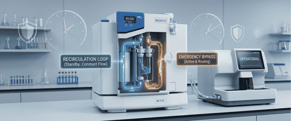 Clinical Chemistry analyzer with recirculation loop, emergency bypass, and operational status display in a laboratory