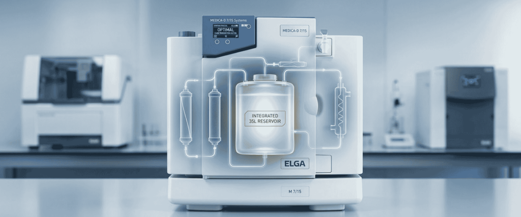 Clinical Chemistry water purification system with integrated reservoir and illuminated tubing in a laboratory