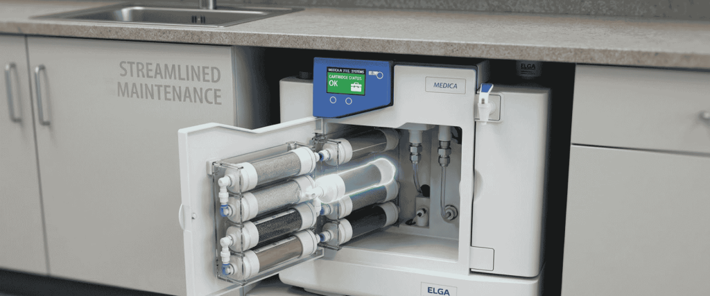 Clinical Chemistry water purification system with open filtration cartridges and digital controls in a laboratory cabinet
