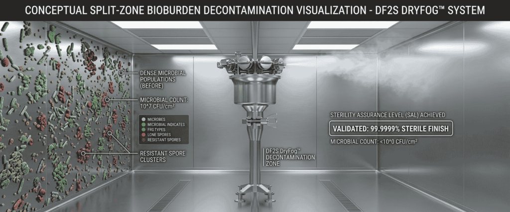 Cold Vapor DF2S DryFog™ system decontaminates a sterile room, reducing microbial bioburden to a 99.9999% sterile finish
