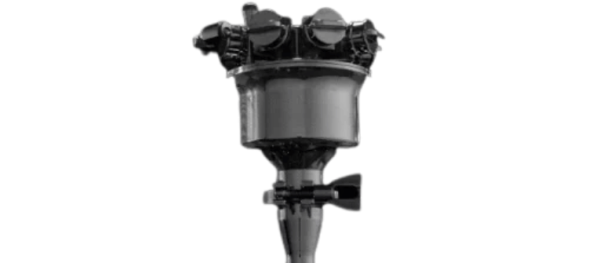 Cold Vapor device shown in grayscale, featuring a cylindrical chamber, top valves, and a tapered lower nozzle