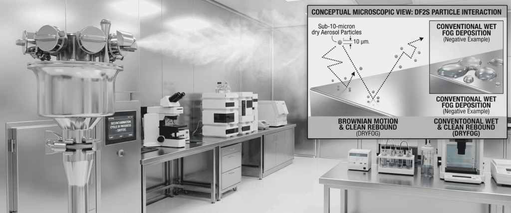 Cold Vapor laboratory with stainless steel equipment and a DF2S particle interaction diagram comparing dry fog and conventional wet fog deposition