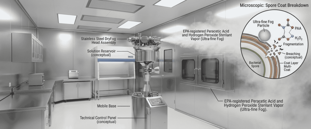 Cold Vapor sterilization system releasing ultra-fine fog in a cleanroom, with a diagram showing bacterial spore coat breakdown