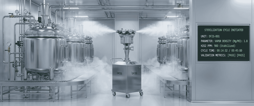 Cold Vapor sterilization system with stainless steel tanks, pipes, mist, and digital cycle monitoring in an industrial facility