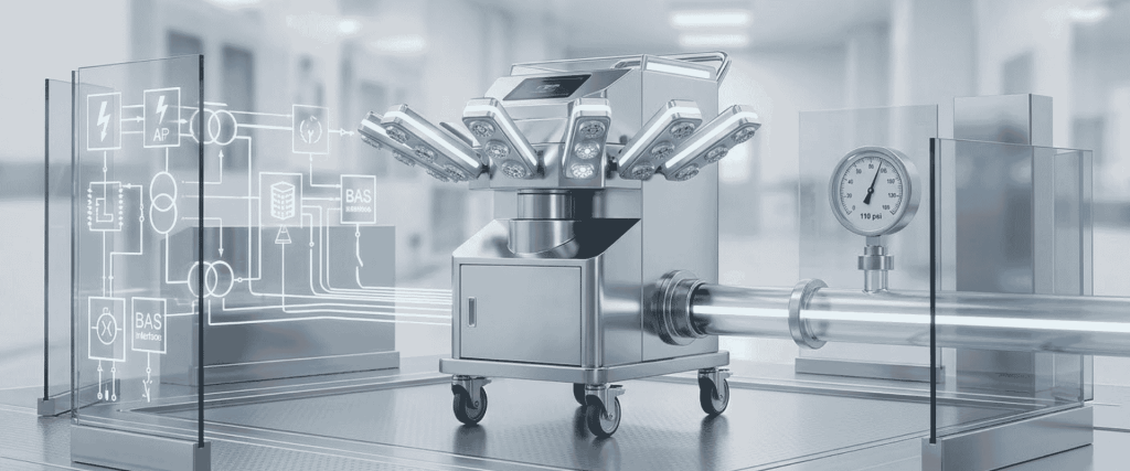 Dry Fog vs VHP: Mobile stainless steel decontamination system with vaporized hydrogen peroxide piping in a cleanroom
