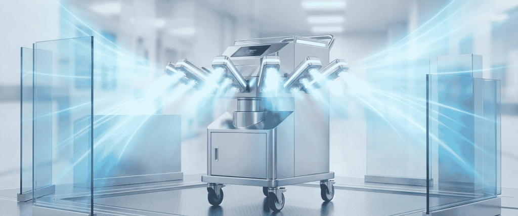 Dry Fog vs VHP: Mobile sterilization unit emitting mist inside a cleanroom with glass partitions and stainless steel floors