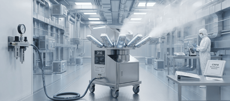 Dry Fog vs VHP: Sterilization equipment releases mist inside a controlled cleanroom with a technician monitoring