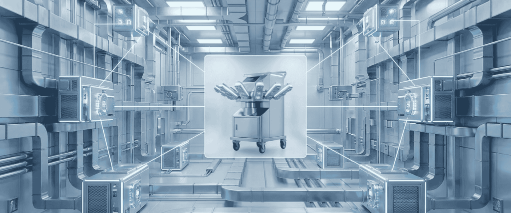 Dry Fog vs VHP comparison in a sterile facility, featuring a central fogging machine and surrounding ventilation systems