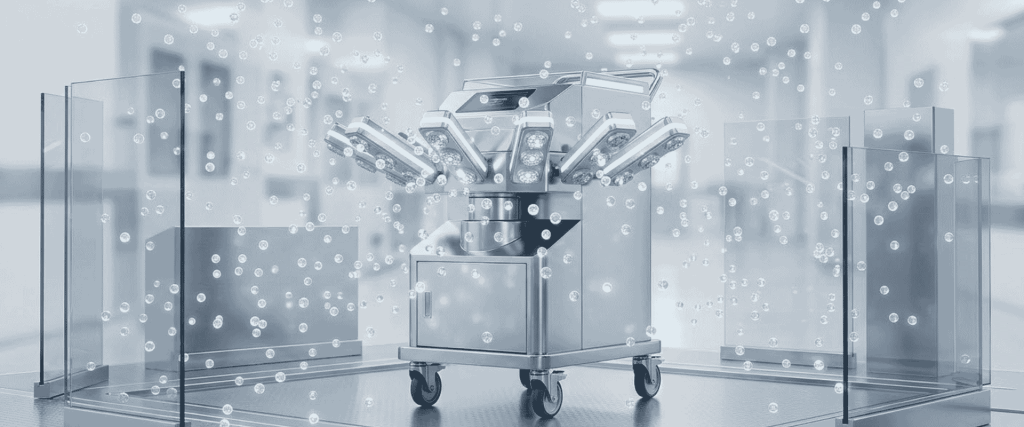 Dry Fog vs VHP: decontamination machine dispersing fine mist inside a sterile glass-enclosed facility