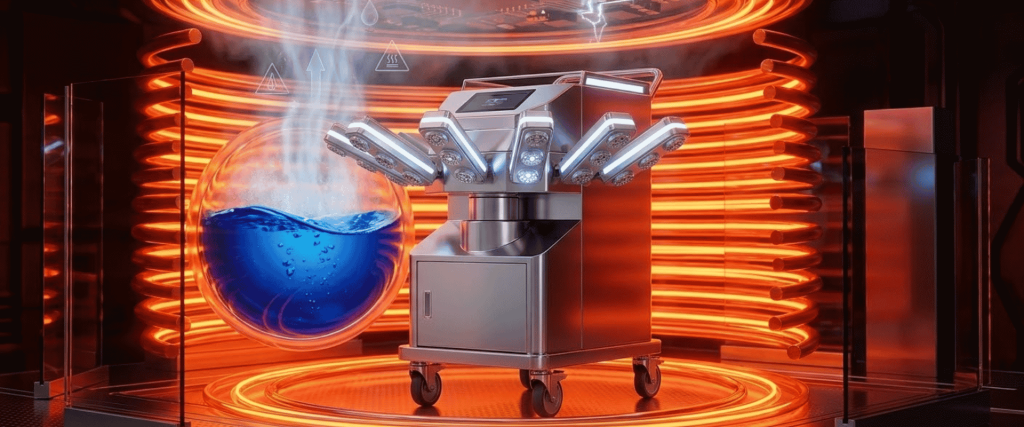 Dry Fog vs VHP shown with a robotic sterilization machine, blue liquid chamber, and glowing orange vapor rings in a lab