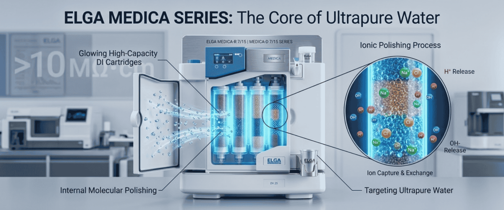 ELGA MEDICA-R and MEDICA-D systems showing ion capture, exchange, and molecular polishing for ultrapure laboratory water