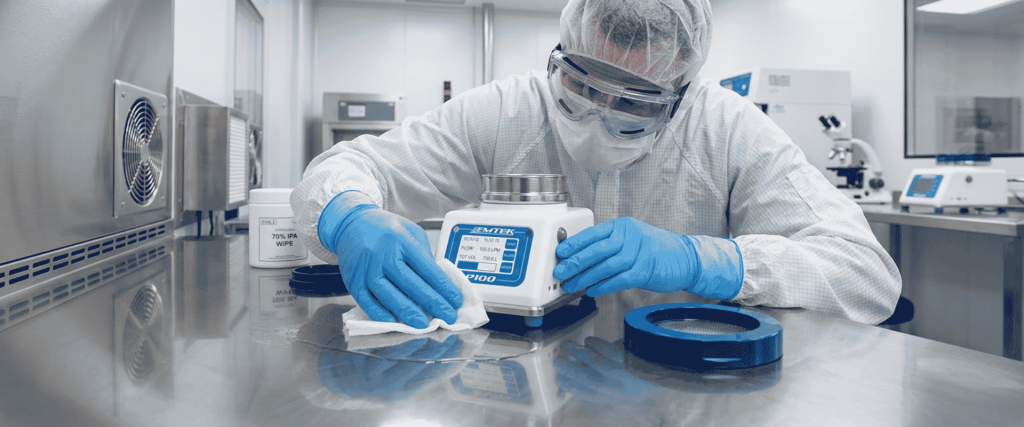 EU GMP Annex 1 cleanroom operator using a particle counter while wiping a stainless steel workbench