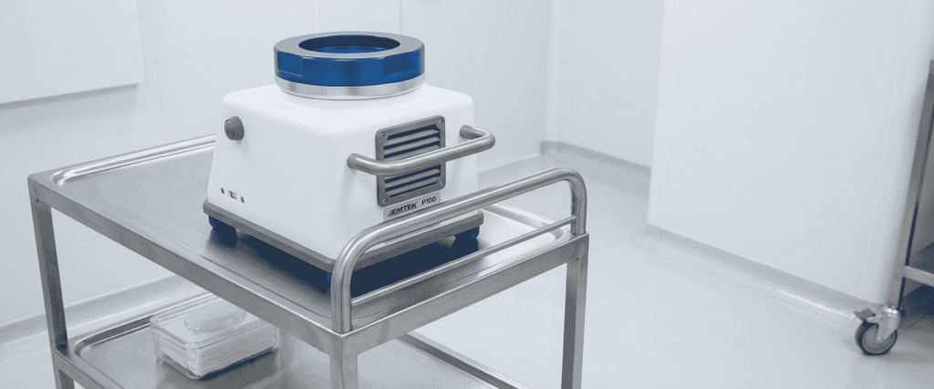 EU GMP Annex 1-compliant cleanroom air sampler on a stainless steel cart for pharmaceutical quality control