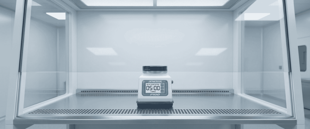 EU GMP Annex cleanroom with a digital timer device inside a controlled airflow cabinet