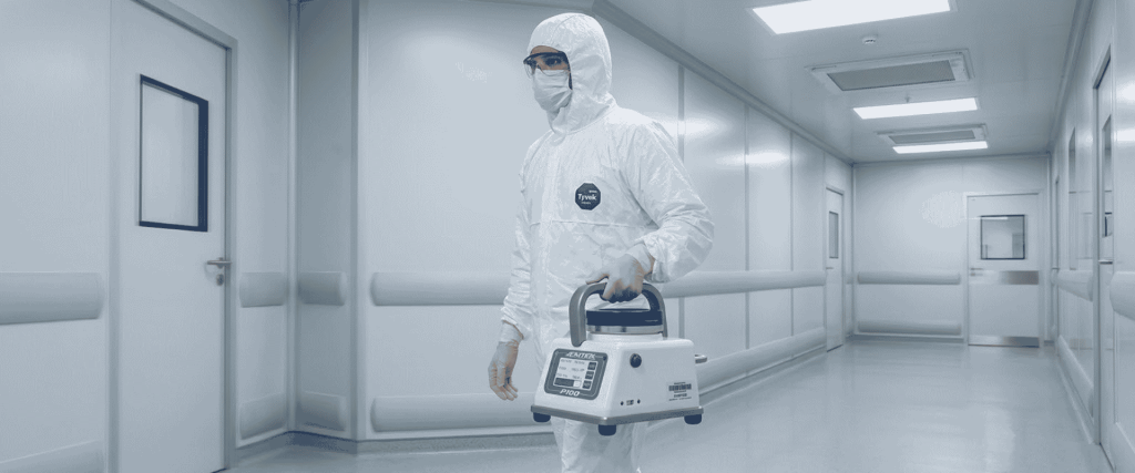EU GMP Annex cleanroom worker operating portable equipment in a sterile pharmaceutical facility corridor