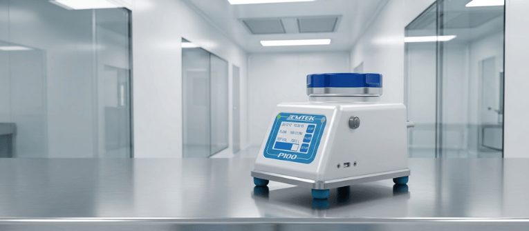 EU GMP Annex-compliant laboratory mixer on a stainless steel bench in a cleanroom, featuring a digital control panel