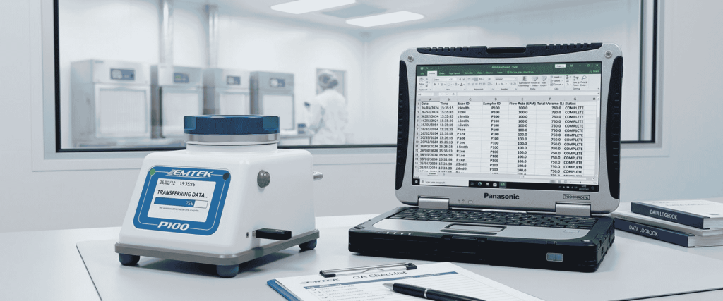 EU GMP Annex data integrity system with laboratory equipment, laptop records, and logbooks in a cleanroom