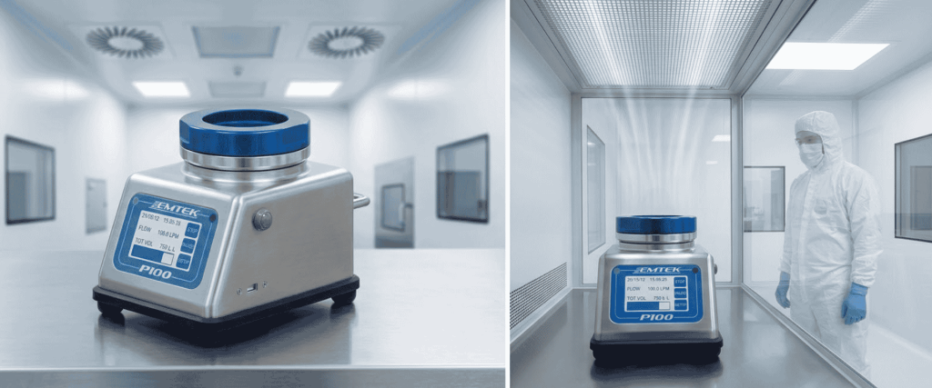 EU GMP Annex particle counter in a cleanroom, showing stainless steel equipment and a worker in protective clothing