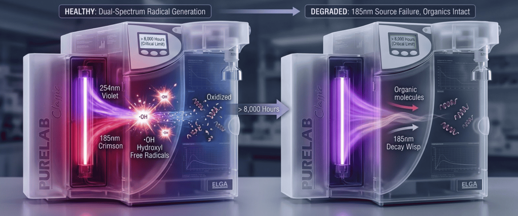 Elga PURELAB® comparison showing healthy dual-spectrum radical generation versus degraded 185nm source failure and organic molecules