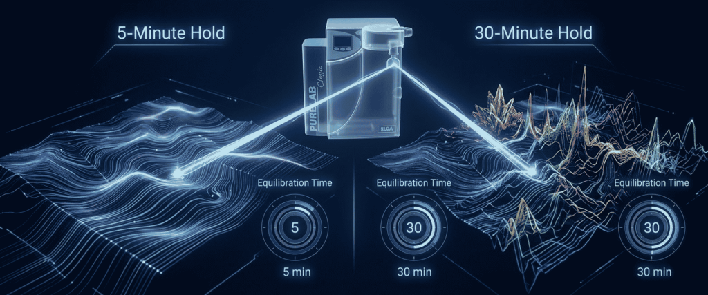 Elga PURELAB® water purification system infographic showing 5- and 30-minute equilibration times