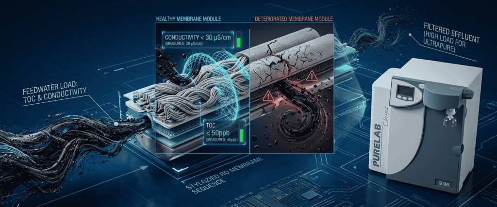 Elga PURELAB® water purification system showing healthy and deteriorated membranes, feedwater monitoring, and filtered effluent