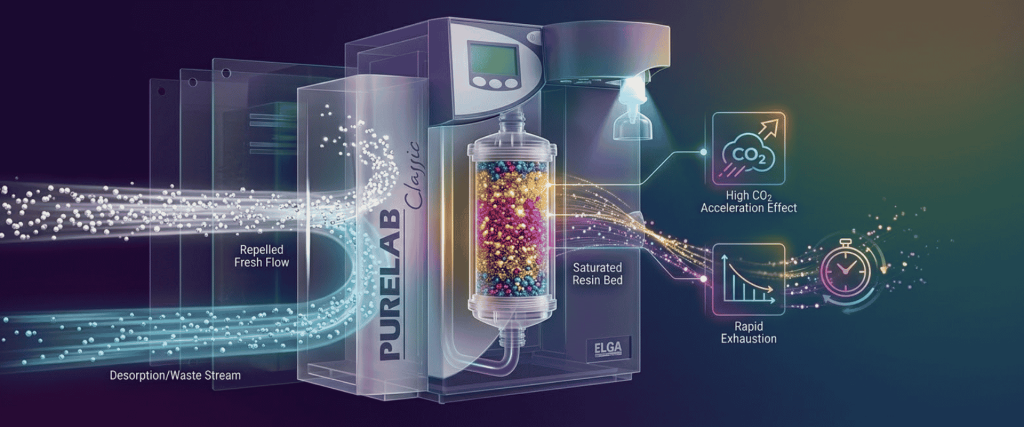 Elga PURELAB® water purification system showing high CO₂ acceleration, rapid exhaustion, and saturated resin bed filtration