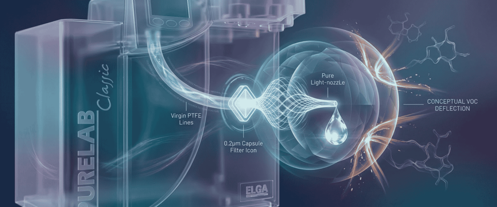 Elga PURELAB® water purification system with PTFE lines, filter icon, pure light-nozzle, and conceptual VOC deflection
