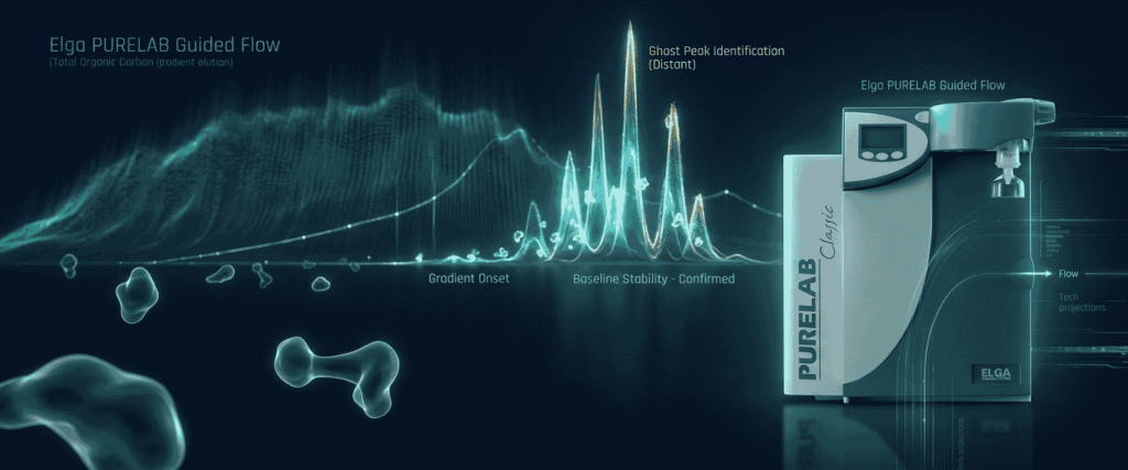 Elga PURELAB® water purification system with guided flow chart, peak identification, and baseline stability analysis