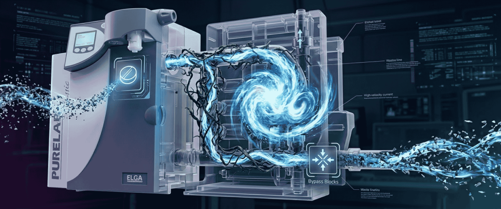 Elga PURELAB® water purification system with swirling blue water flow, bypass blocks, and labeled filtration components