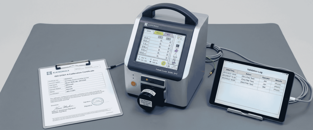 ISO 14644-1 particle counter with calibration certificate and tablet validation log for cleanroom monitoring