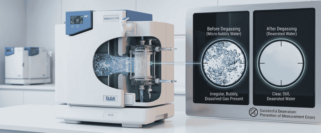 MEDICA-R and MEDICA-D 7/15 degassing system showing micro-bubbly water transformed into clear, deaerated water for testing