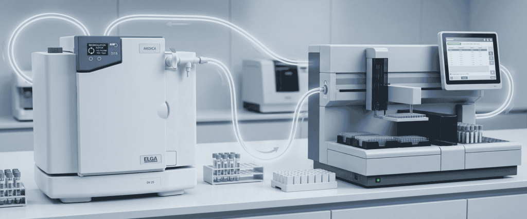 MEDICA-R and MEDICA-D 7/15 laboratory water purification system connected to an automated analyzer with sample tubes