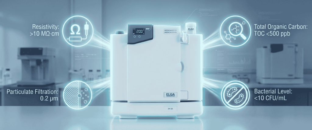 MEDICA-R and MEDICA-D 7/15 water purification system with 0.2 µm filtration, high resistivity, low TOC and bacteria levels
