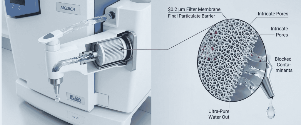 MEDICA-R and MEDICA-D filter system showing a 0.2 µm membrane removing contaminants for ultra-pure water production