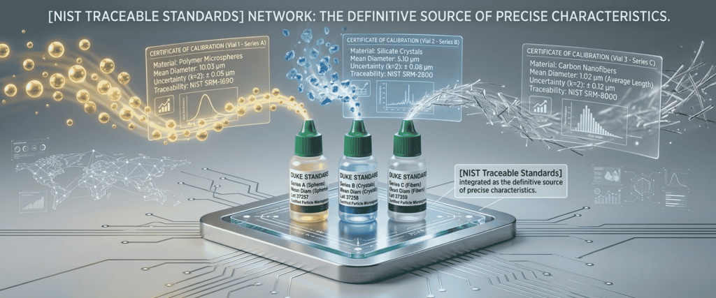 NIST-Traceable Standards network with certified polymer, silicate, and carbon microsphere samples on a digital platform