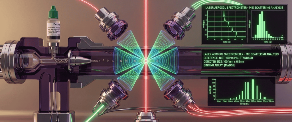 NIST-Traceable laser aerosol spectrometer with Mie scattering analysis, particle sizing charts, and optical sensors
