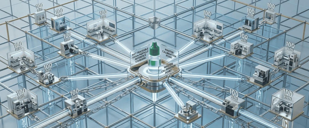 NIST-Traceable master calibration point connecting 100 nm measurement instruments across a laboratory network