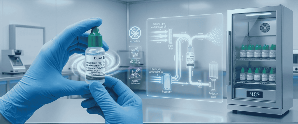 NIST-Traceable sterile vial held by gloved hands beside a filtration diagram and laboratory refrigerator