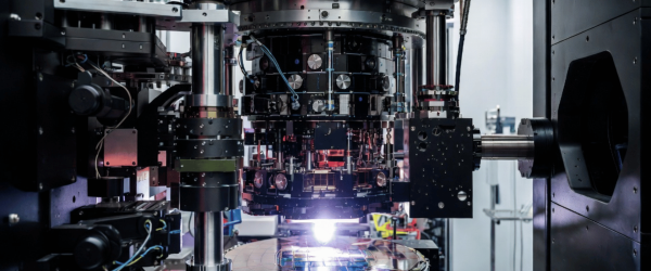 Photolithography machine exposing a silicon wafer with precision optics and industrial semiconductor equipment
