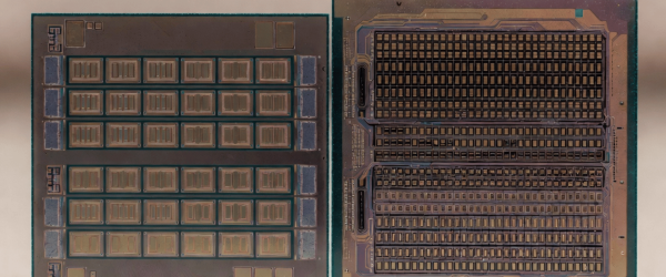 Photolithography of two semiconductor microchips showing detailed circuit patterns and wafer-level fabrication structures