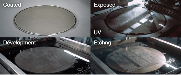 Photolithography process on a silicon wafer: coated, exposed to UV light, developed, and etched
